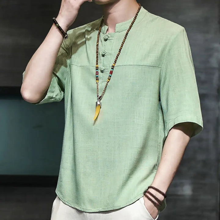 Buddha Stones Casual Vintage Chinese Frog-Button Men’s Half Sleeve Cotton Linen T-Shirt - SpringGreen / US/UK/AU36，EU46