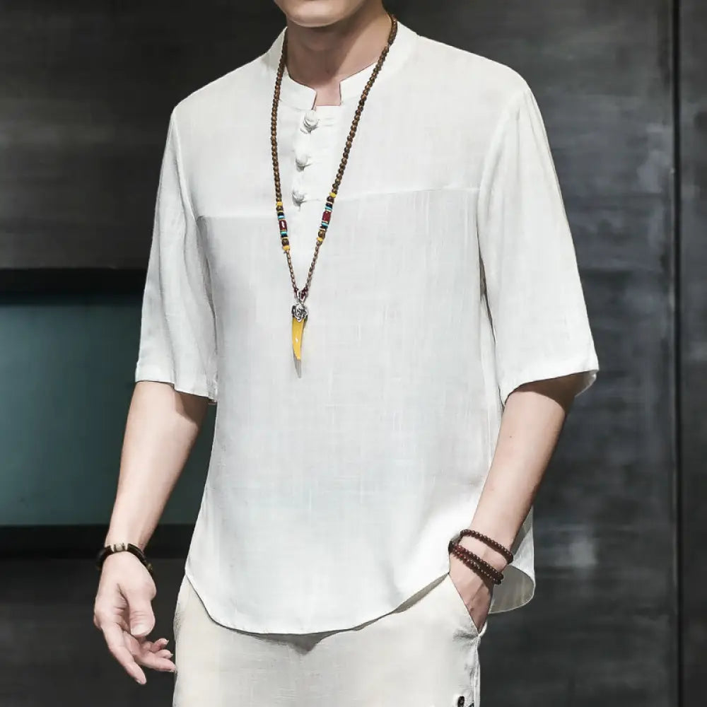 Buddha Stones Casual Vintage Chinese Frog-Button Men’s Half Sleeve Cotton Linen T-Shirt - White / US/UK/AU36，EU46 (L)
