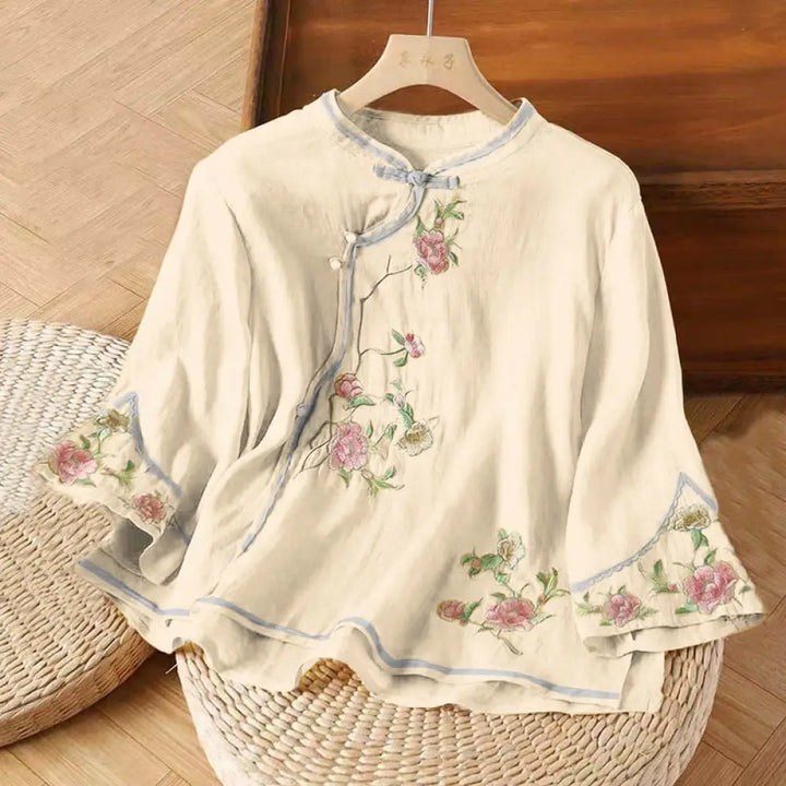 Buddha Stones Casual Vintage Embroidery Flower Pattern Chinese Frog-Button Crew Neck Design Women’s Cotton Linen Shirt