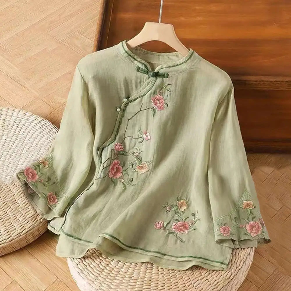 Buddha Stones Casual Vintage Embroidery Flower Pattern Chinese Frog-Button Crew Neck Design Women’s Cotton Linen Shirt
