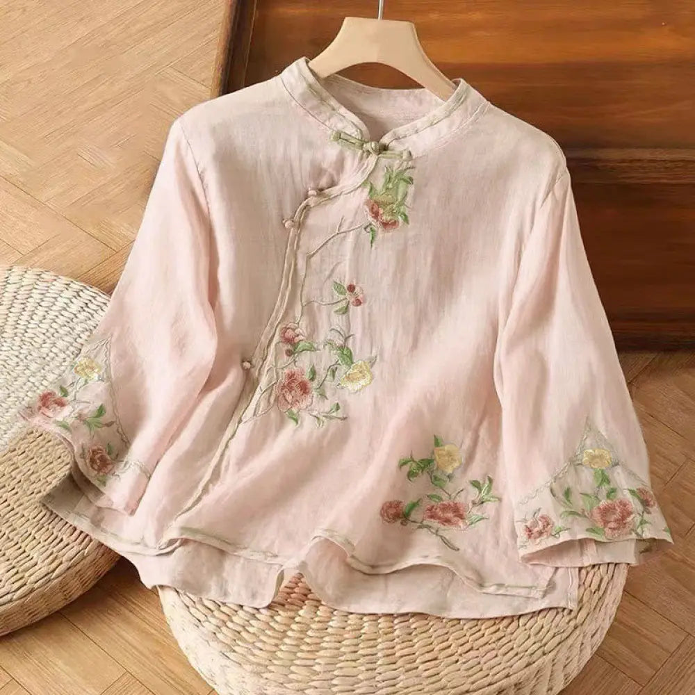 Buddha Stones Casual Vintage Embroidery Flower Pattern Chinese Frog-Button Crew Neck Design Women’s Cotton Linen Shirt