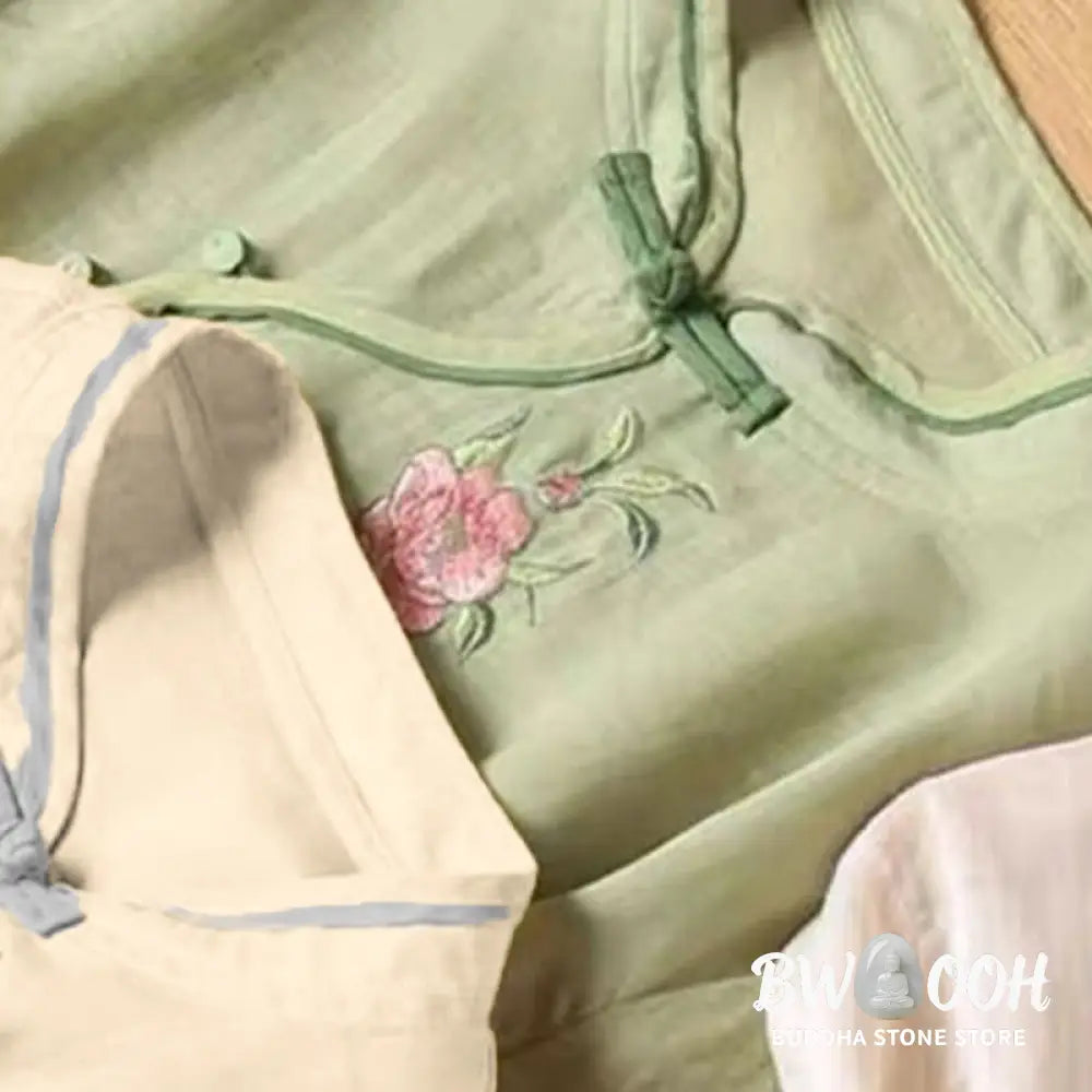 Buddha Stones Casual Vintage Embroidery Flower Pattern Chinese Frog-Button Crew Neck Design Women’s Cotton Linen Shirt