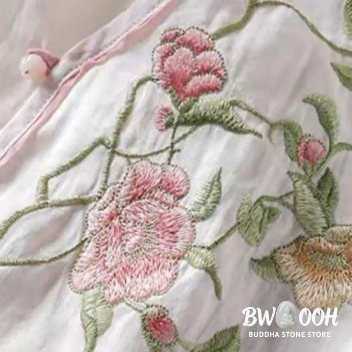 Buddha Stones Casual Vintage Embroidery Flower Pattern Chinese Frog-Button Crew Neck Design Women’s Cotton Linen Shirt
