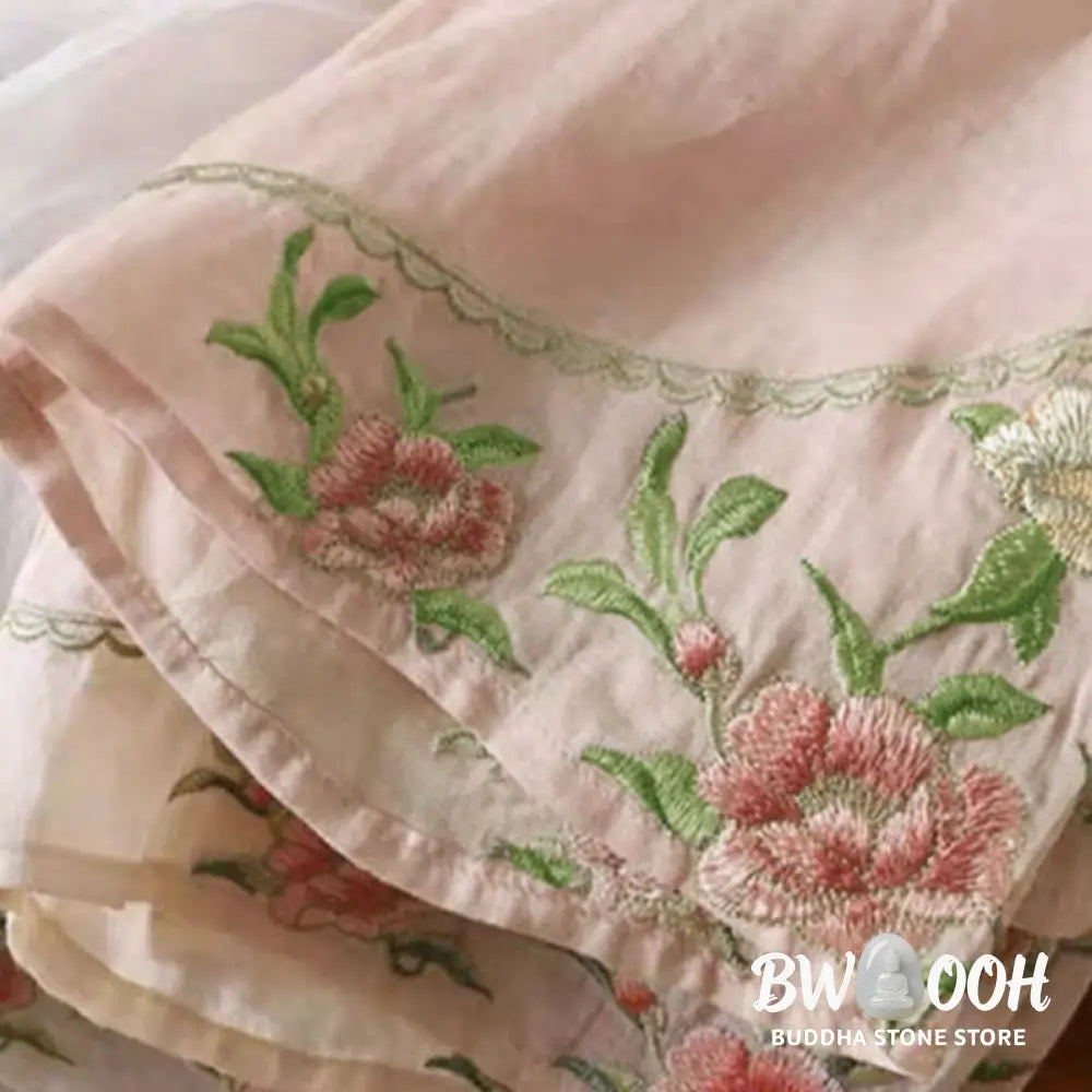 Buddha Stones Casual Vintage Embroidery Flower Pattern Chinese Frog-Button Crew Neck Design Women’s Cotton Linen Shirt