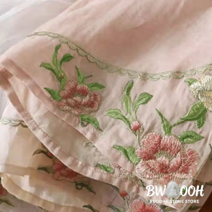 Buddha Stones Casual Vintage Embroidery Flower Pattern Chinese Frog-Button Crew Neck Design Women’s Cotton Linen Shirt