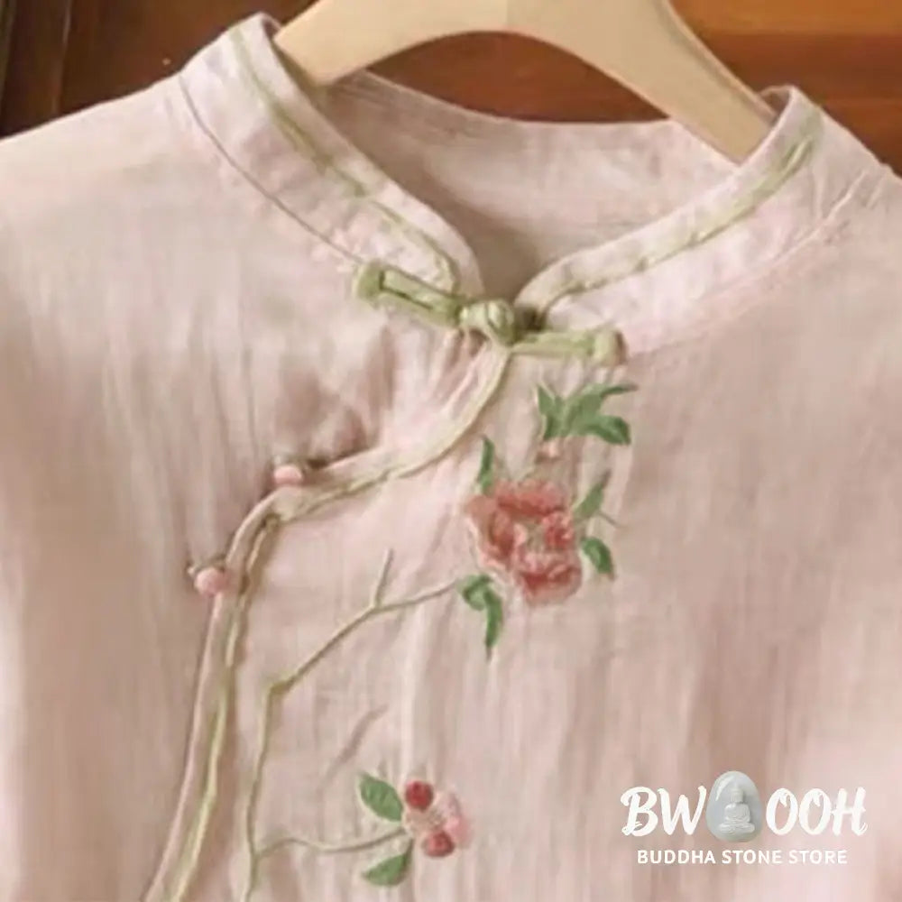 Buddha Stones Casual Vintage Embroidery Flower Pattern Chinese Frog-Button Crew Neck Design Women’s Cotton Linen Shirt