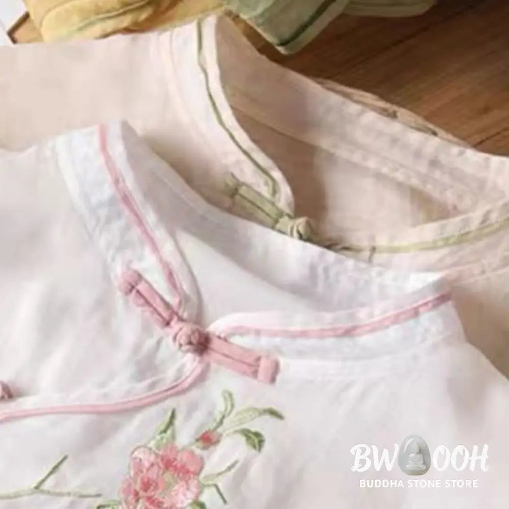 Buddha Stones Casual Vintage Embroidery Flower Pattern Chinese Frog-Button Crew Neck Design Women’s Cotton Linen Shirt