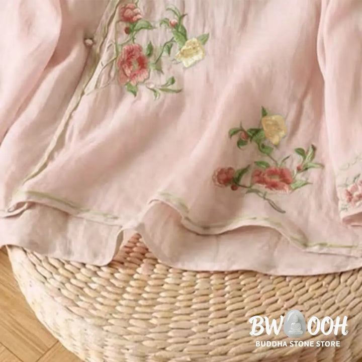 Buddha Stones Casual Vintage Embroidery Flower Pattern Chinese Frog-Button Crew Neck Design Women’s Cotton Linen Shirt