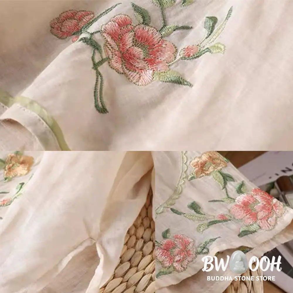 Buddha Stones Casual Vintage Embroidery Flower Pattern Chinese Frog-Button Crew Neck Design Women’s Cotton Linen Shirt