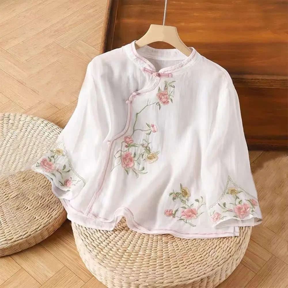 Buddha Stones Casual Vintage Embroidery Flower Pattern Chinese Frog-Button Crew Neck Design Women’s Cotton Linen Shirt