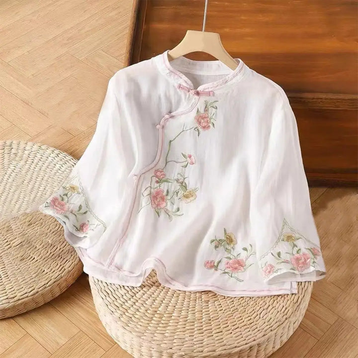 Buddha Stones Casual Vintage Embroidery Flower Pattern Chinese Frog-Button Crew Neck Design Women’s Cotton Linen Shirt