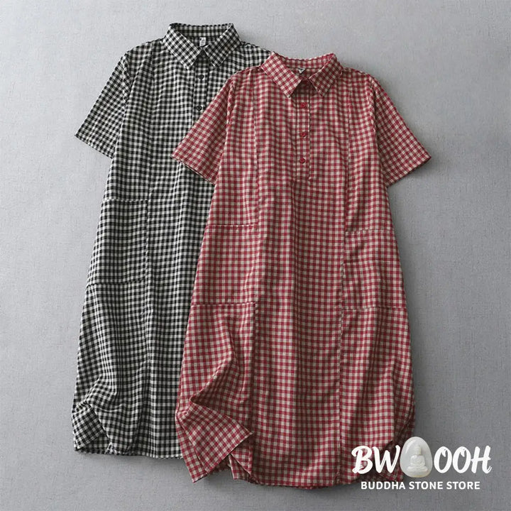 Buddha Stones Casual Vintage Plaid Pattern Lapel Short Sleeve Cotton Midi Dress With Pockets - Midi Dress