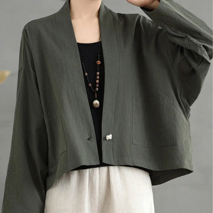Buddha Stones Casual Vintage Plain Long Sleeve Open Front Cardigan Cotton Linen Jacket With Pockets - DarkOliveGreen