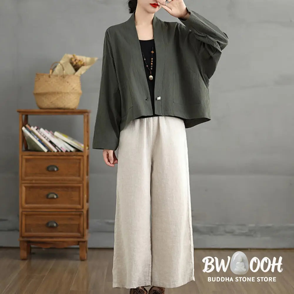 Buddha Stones Casual Vintage Plain Long Sleeve Open Front Cardigan Cotton Linen Jacket With Pockets - Women’s Kimono
