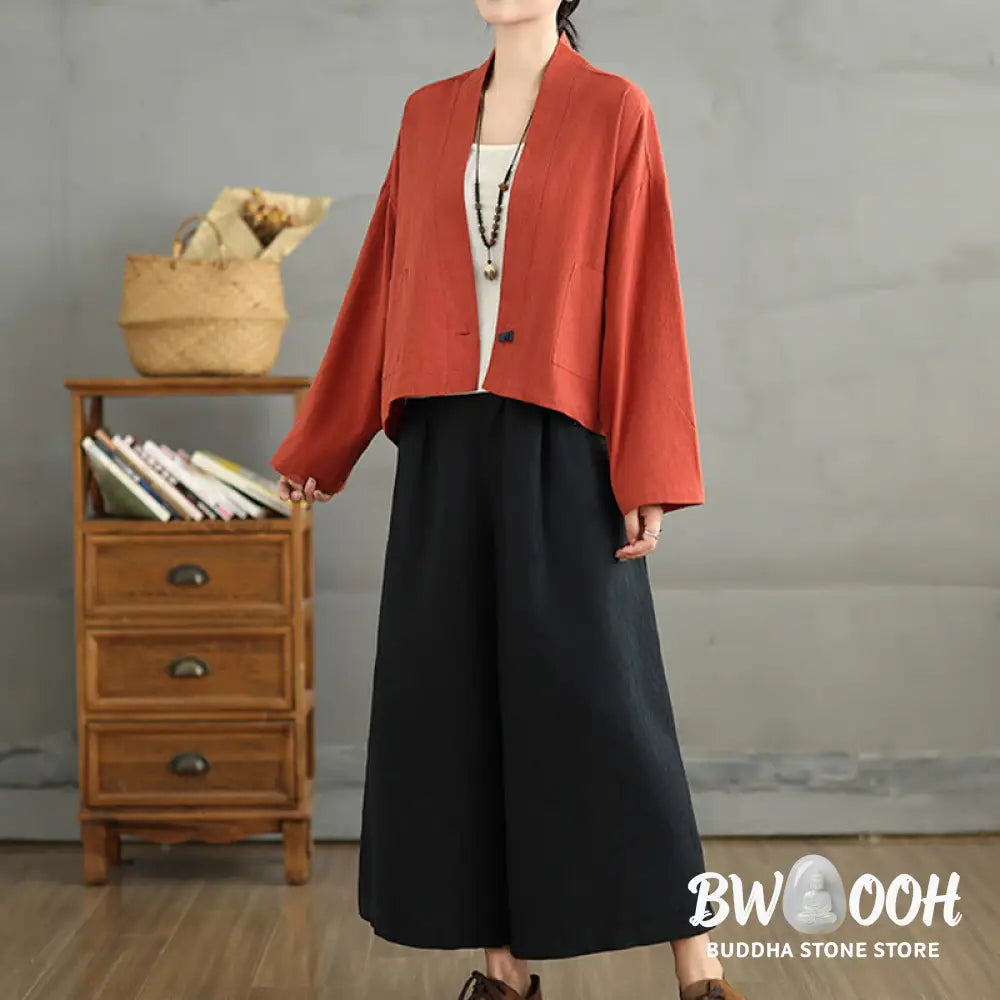 Buddha Stones Casual Vintage Plain Long Sleeve Open Front Cardigan Cotton Linen Jacket With Pockets - Women’s Kimono