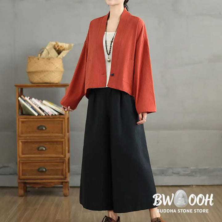 Buddha Stones Casual Vintage Plain Long Sleeve Open Front Cardigan Cotton Linen Jacket With Pockets - Women’s Kimono