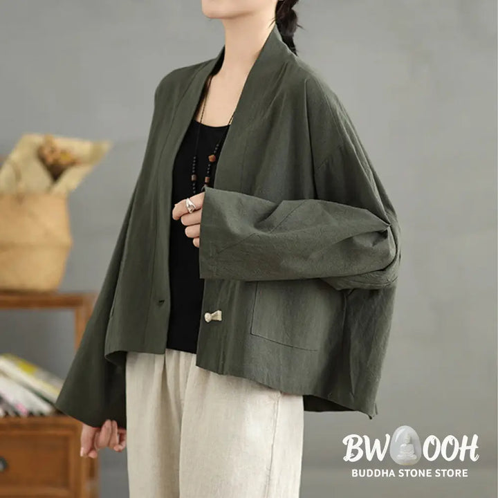 Buddha Stones Casual Vintage Plain Long Sleeve Open Front Cardigan Cotton Linen Jacket With Pockets - Women’s Kimono