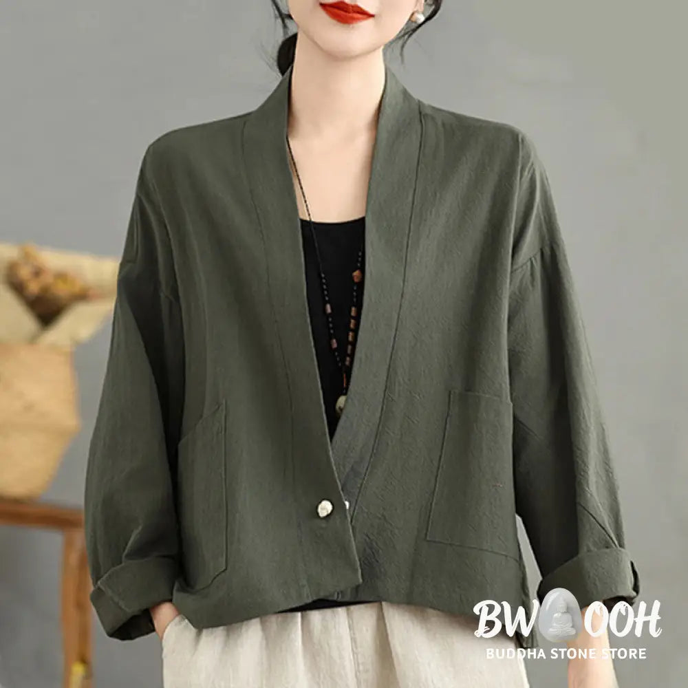 Buddha Stones Casual Vintage Plain Long Sleeve Open Front Cardigan Cotton Linen Jacket With Pockets - Women’s Kimono