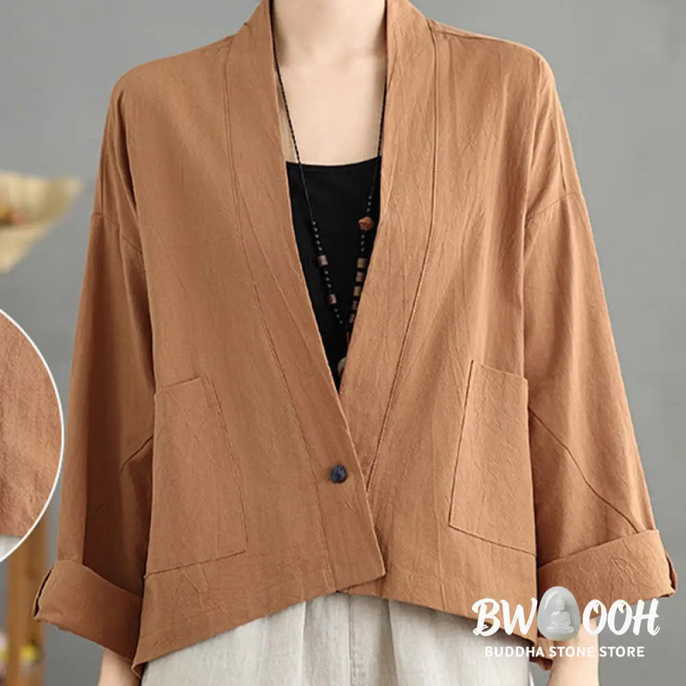 Buddha Stones Casual Vintage Plain Long Sleeve Open Front Cardigan Cotton Linen Jacket With Pockets - Women’s Kimono