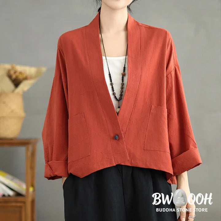 Buddha Stones Casual Vintage Plain Long Sleeve Open Front Cardigan Cotton Linen Jacket With Pockets - Women’s Kimono