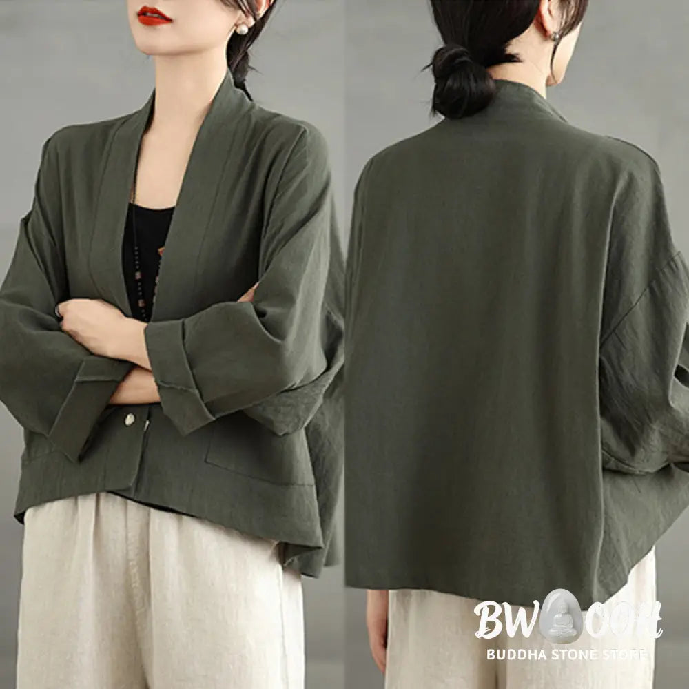 Buddha Stones Casual Vintage Plain Long Sleeve Open Front Cardigan Cotton Linen Jacket With Pockets - Women’s Kimono