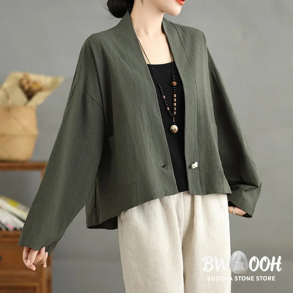Buddha Stones Casual Vintage Plain Long Sleeve Open Front Cardigan Cotton Linen Jacket With Pockets - Women’s Kimono