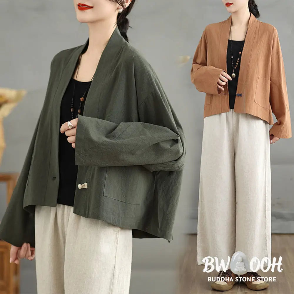 Buddha Stones Casual Vintage Plain Long Sleeve Open Front Cardigan Cotton Linen Jacket With Pockets - Women’s Kimono