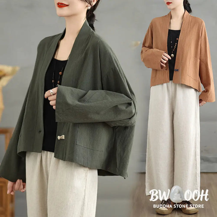 Buddha Stones Casual Vintage Plain Long Sleeve Open Front Cardigan Cotton Linen Jacket With Pockets - Women’s Kimono