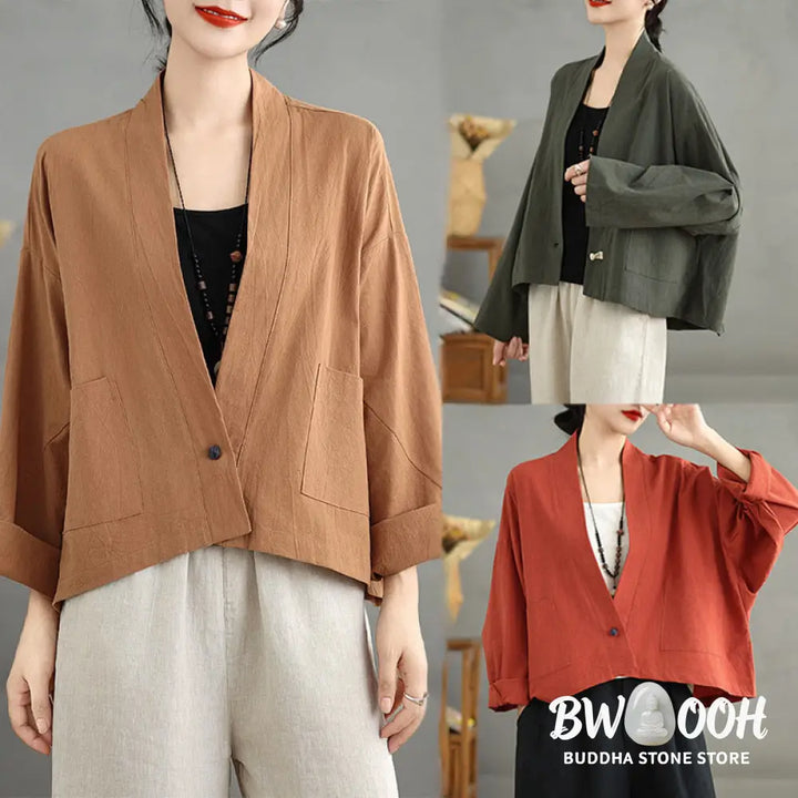 Buddha Stones Casual Vintage Plain Long Sleeve Open Front Cardigan Cotton Linen Jacket With Pockets - Women’s Kimono