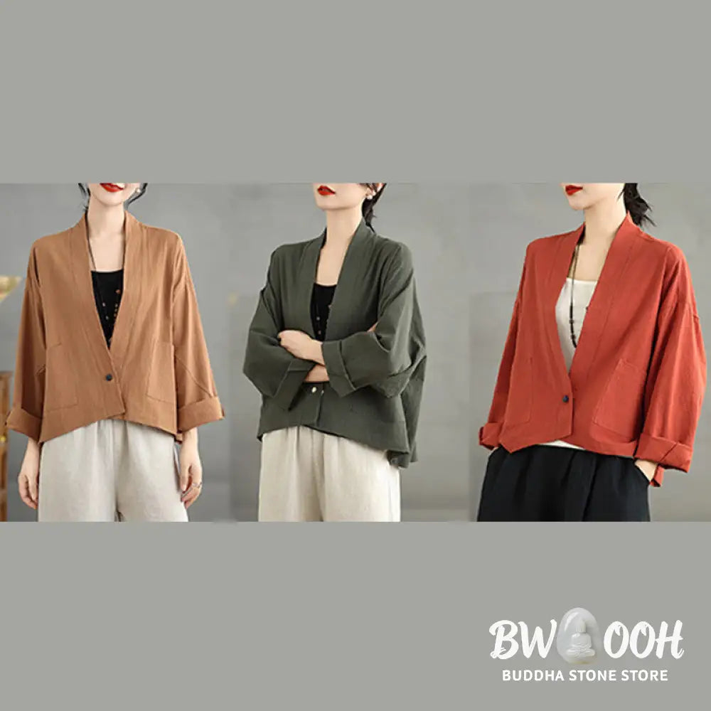 Buddha Stones Casual Vintage Plain Long Sleeve Open Front Cardigan Cotton Linen Jacket With Pockets - Women’s Kimono