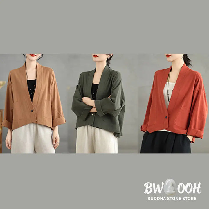 Buddha Stones Casual Vintage Plain Long Sleeve Open Front Cardigan Cotton Linen Jacket With Pockets - Women’s Kimono