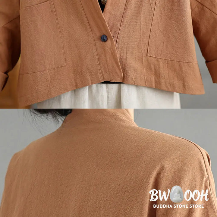 Buddha Stones Casual Vintage Plain Long Sleeve Open Front Cardigan Cotton Linen Jacket With Pockets - Women’s Kimono