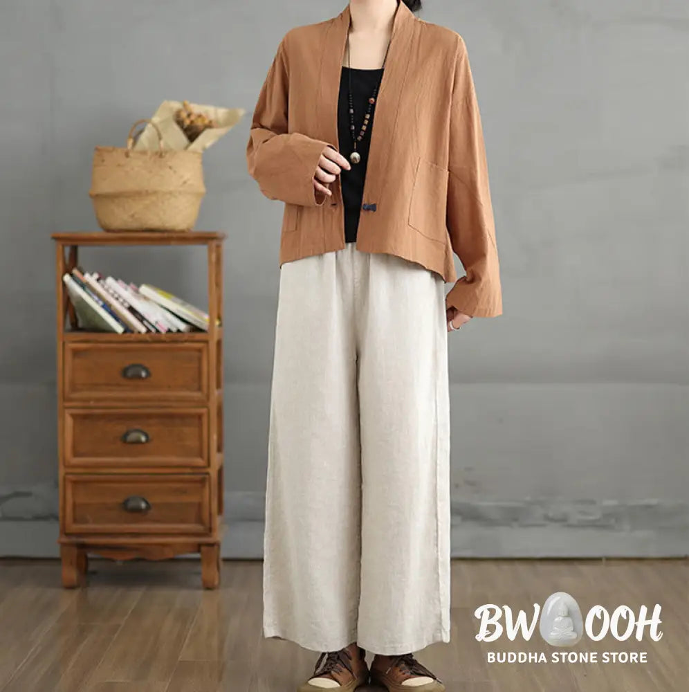 Buddha Stones Casual Vintage Plain Long Sleeve Open Front Cardigan Cotton Linen Jacket With Pockets - Women’s Kimono