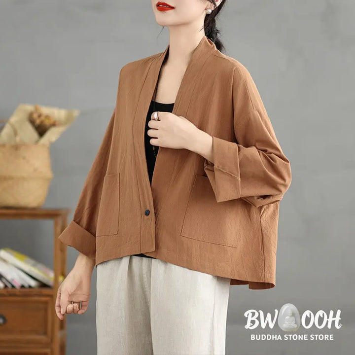 Buddha Stones Casual Vintage Plain Long Sleeve Open Front Cardigan Cotton Linen Jacket With Pockets - Women’s Kimono