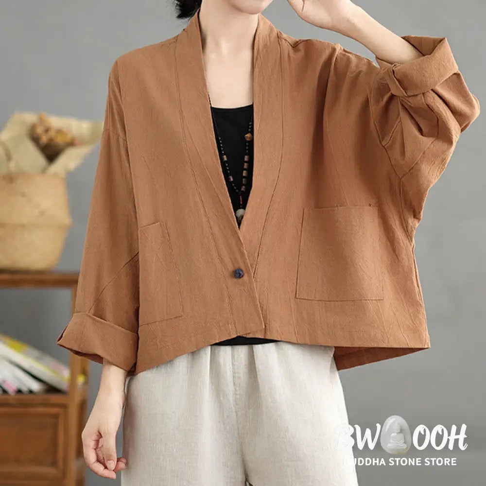 Buddha Stones Casual Vintage Plain Long Sleeve Open Front Cardigan Cotton Linen Jacket With Pockets - Women’s Kimono