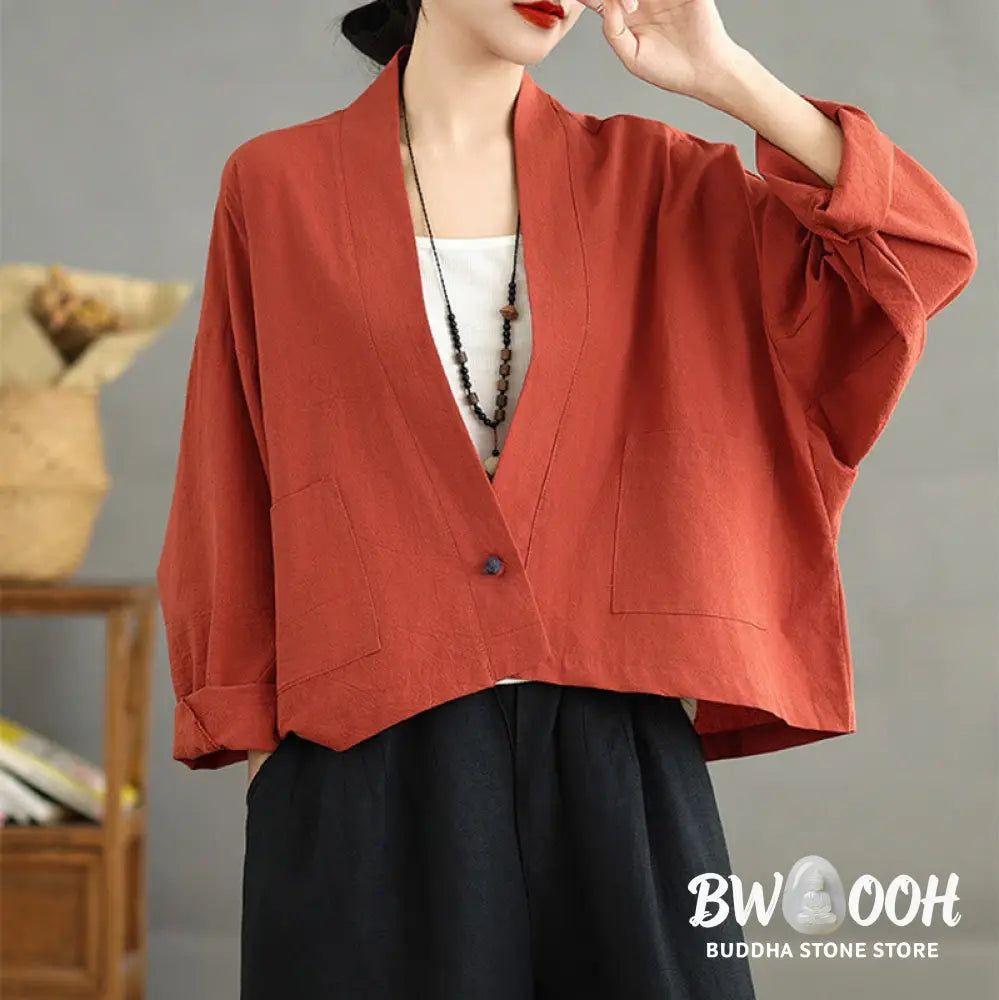 Buddha Stones Casual Vintage Plain Long Sleeve Open Front Cardigan Cotton Linen Jacket With Pockets - Women’s Kimono