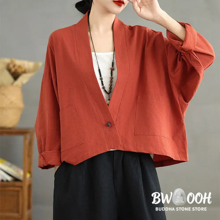 Buddha Stones Casual Vintage Plain Long Sleeve Open Front Cardigan Cotton Linen Jacket With Pockets - Women’s Kimono