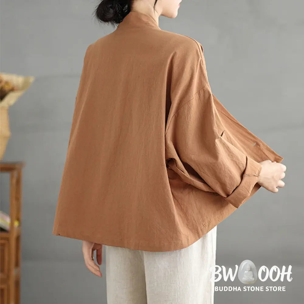 Buddha Stones Casual Vintage Plain Long Sleeve Open Front Cardigan Cotton Linen Jacket With Pockets - Women’s Kimono
