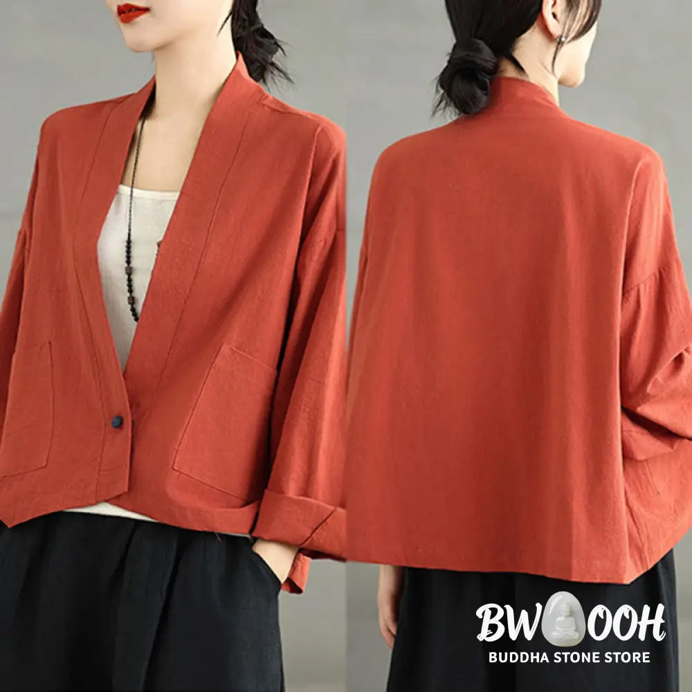 Buddha Stones Casual Vintage Plain Long Sleeve Open Front Cardigan Cotton Linen Jacket With Pockets - Women’s Kimono
