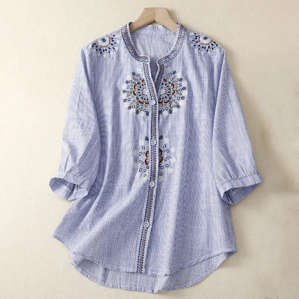 Buddha Stones Casual Women’s Bohemia Embroidery Flowers V-Neck Design Half Sleeve Cotton Linen Shirt - CornflowerBlue