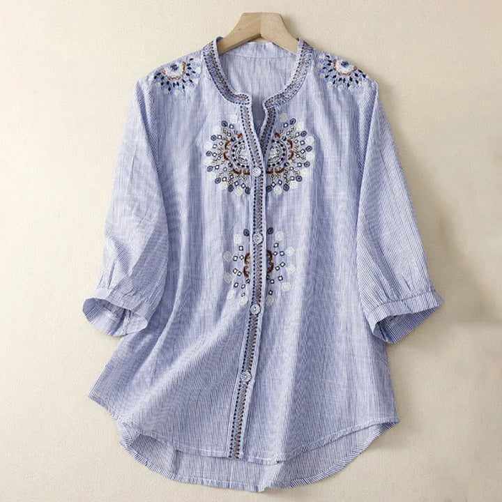 Buddha Stones Casual Women’s Bohemia Embroidery Flowers V-Neck Design Half Sleeve Cotton Linen Shirt - CornflowerBlue