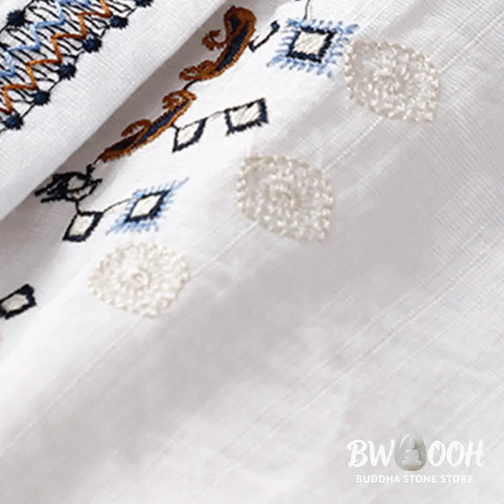 Buddha Stones Casual Women’s Bohemia Embroidery Flowers V-Neck Design Half Sleeve Cotton Linen Shirt - Women’s Shirts