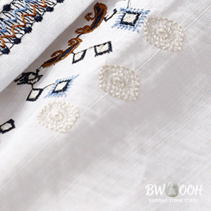 Buddha Stones Casual Women’s Bohemia Embroidery Flowers V-Neck Design Half Sleeve Cotton Linen Shirt - Women’s Shirts