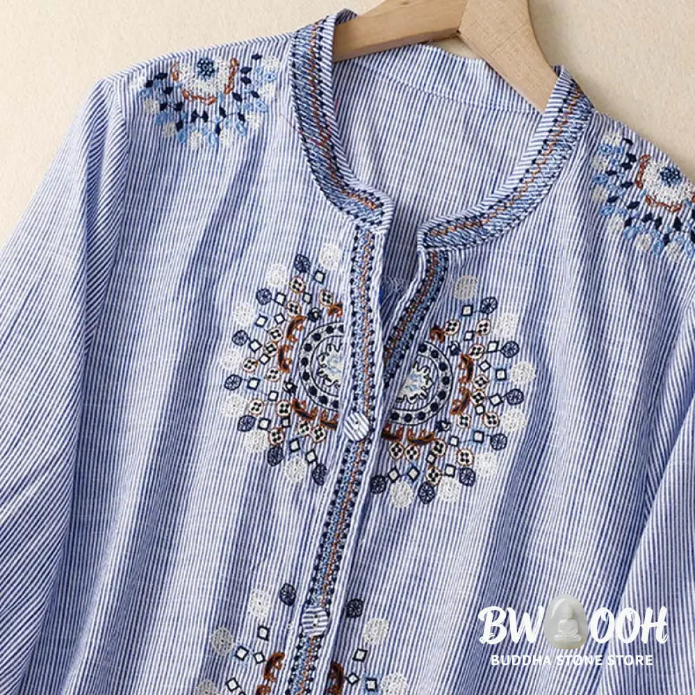 Buddha Stones Casual Women’s Bohemia Embroidery Flowers V-Neck Design Half Sleeve Cotton Linen Shirt - Women’s Shirts