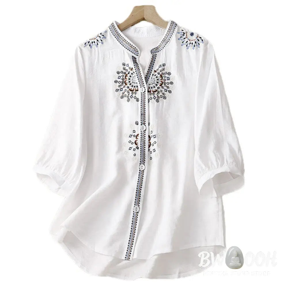 Buddha Stones Casual Women’s Bohemia Embroidery Flowers V-Neck Design Half Sleeve Cotton Linen Shirt - Women’s Shirts