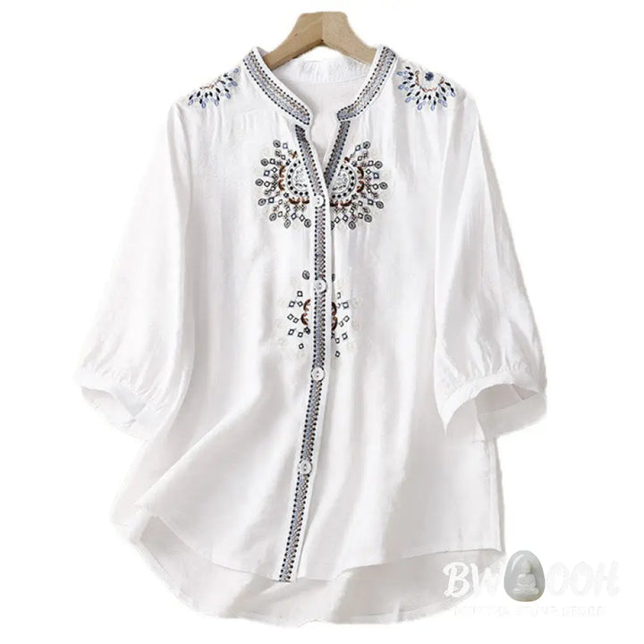 Buddha Stones Casual Women’s Bohemia Embroidery Flowers V-Neck Design Half Sleeve Cotton Linen Shirt - Women’s Shirts