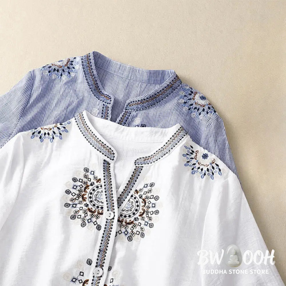 Buddha Stones Casual Women’s Bohemia Embroidery Flowers V-Neck Design Half Sleeve Cotton Linen Shirt - Women’s Shirts