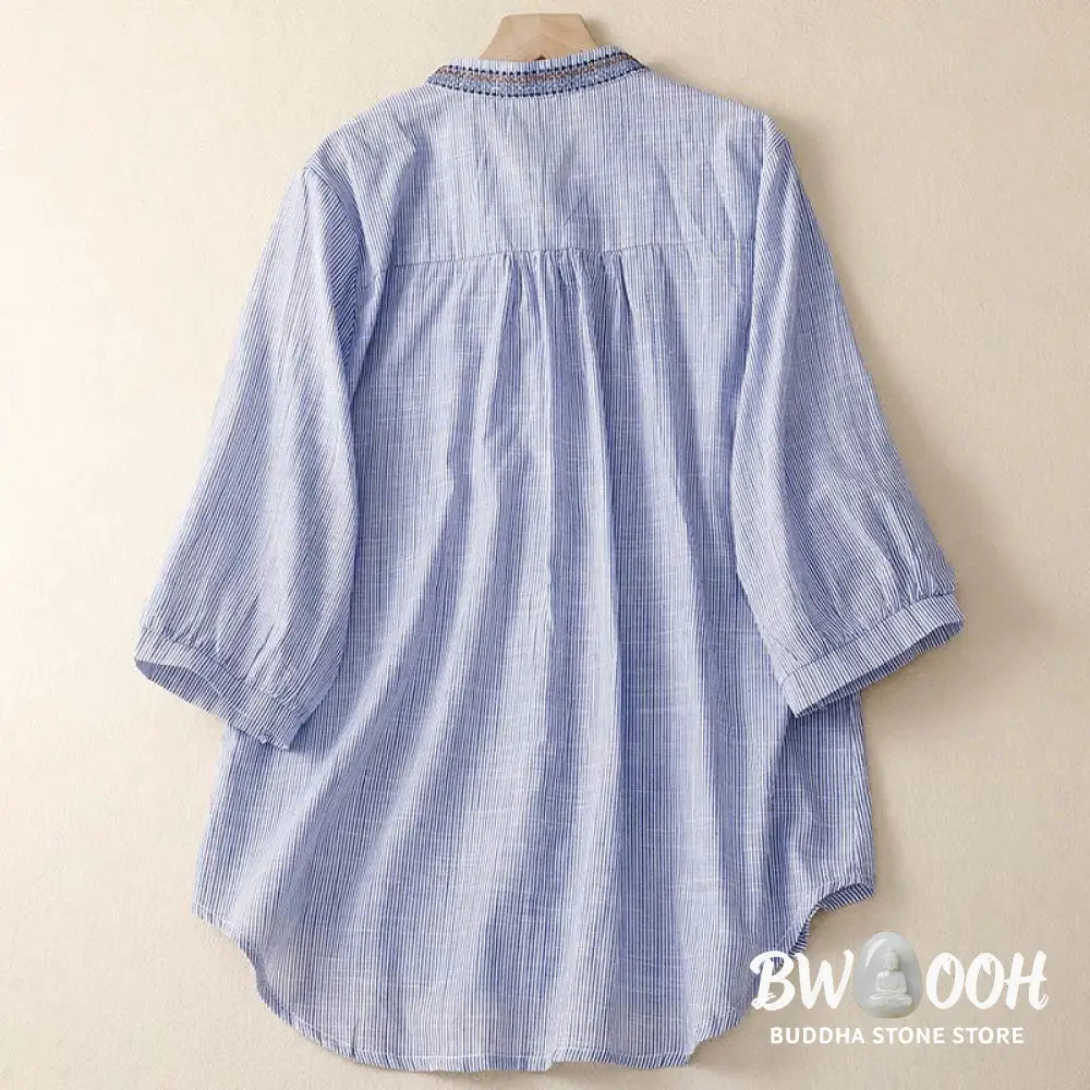 Buddha Stones Casual Women’s Bohemia Embroidery Flowers V-Neck Design Half Sleeve Cotton Linen Shirt - Women’s Shirts