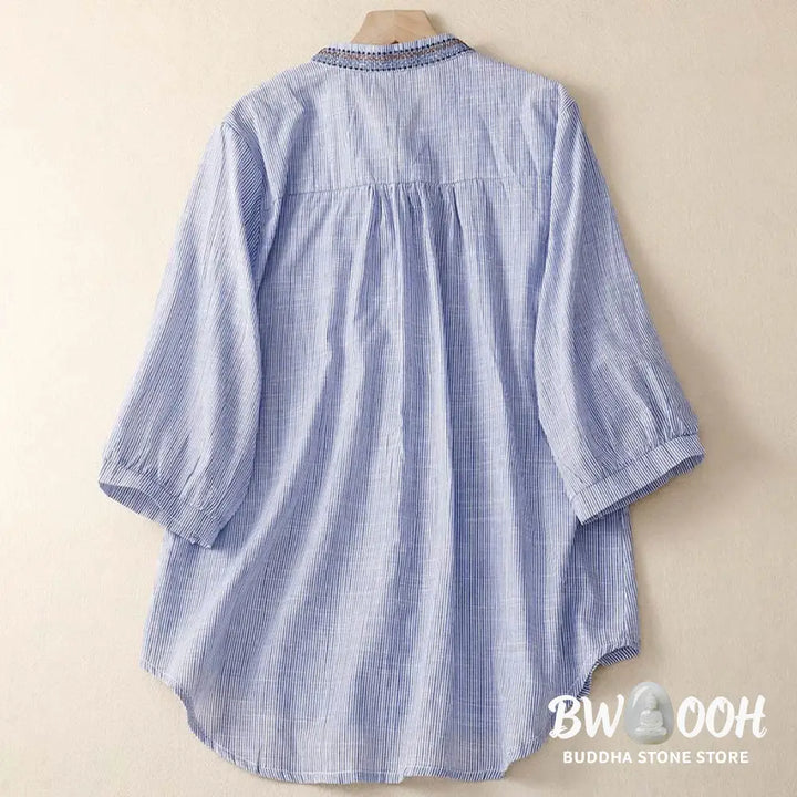 Buddha Stones Casual Women’s Bohemia Embroidery Flowers V-Neck Design Half Sleeve Cotton Linen Shirt - Women’s Shirts