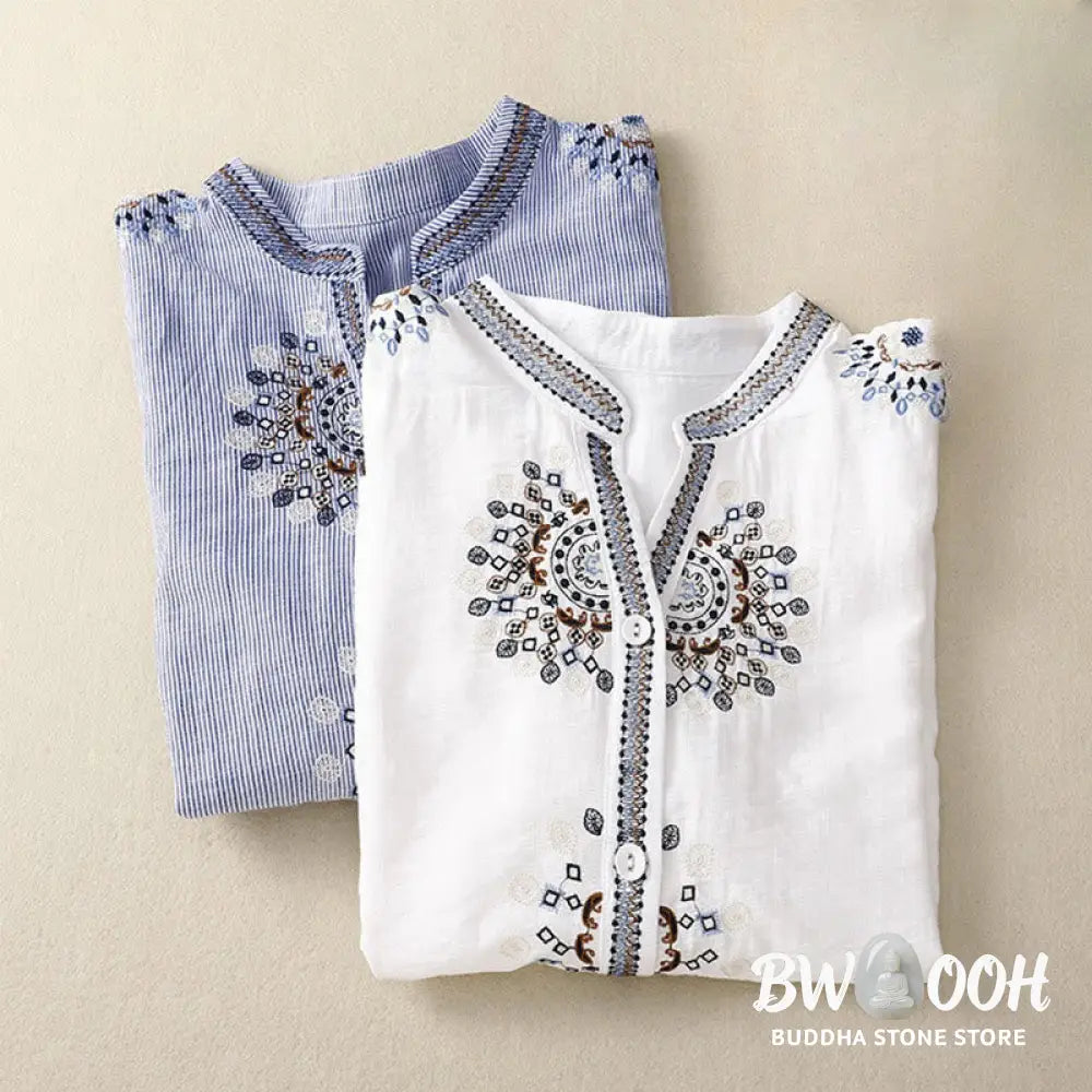 Buddha Stones Casual Women’s Bohemia Embroidery Flowers V-Neck Design Half Sleeve Cotton Linen Shirt - Women’s Shirts